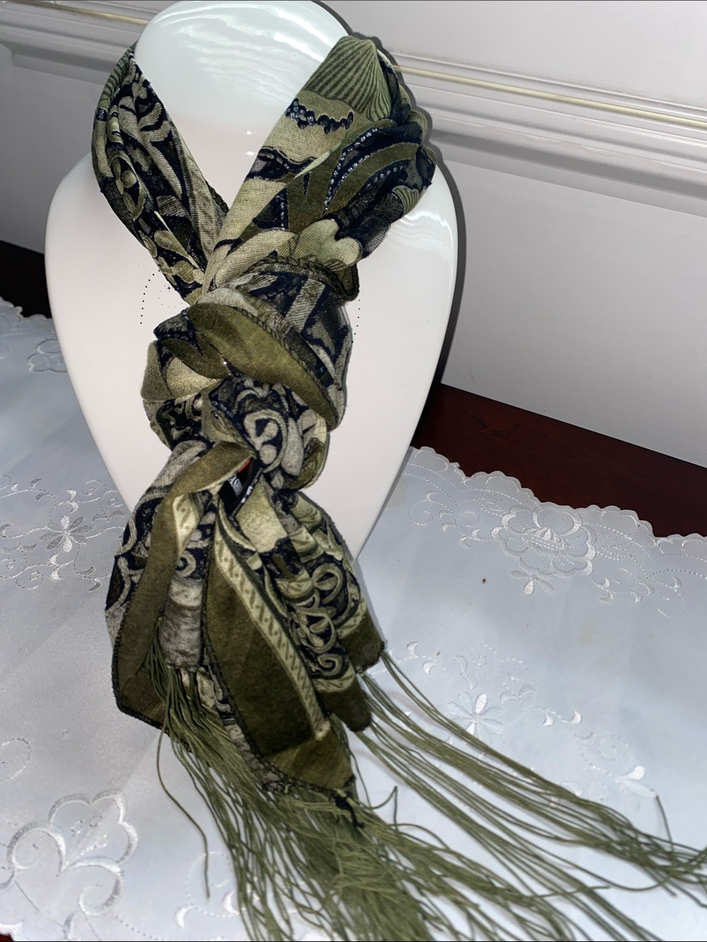 Vintage Olive Green Patterned Fringe Scarf - Women Accessories